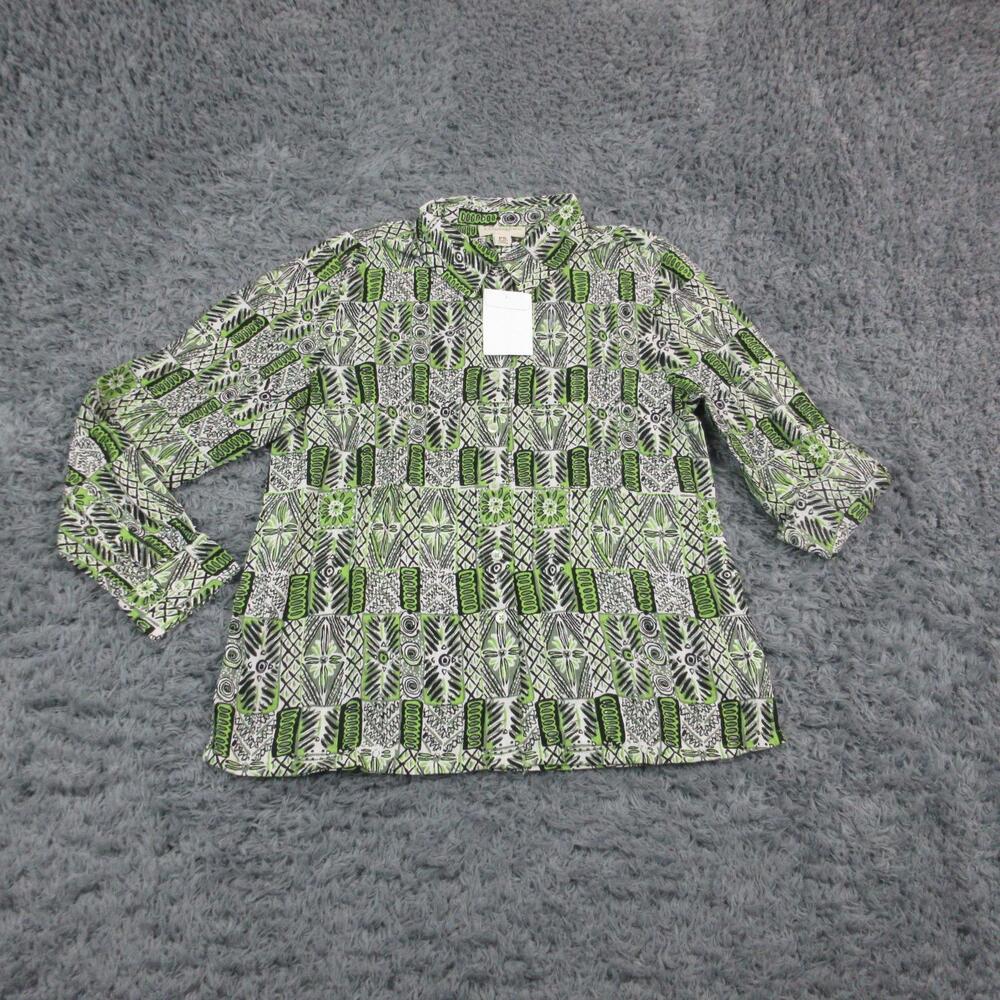 Appleseed's Blouse Shirt Womens Petite PS Green Geometric 3/4 Sleeve Button NWT